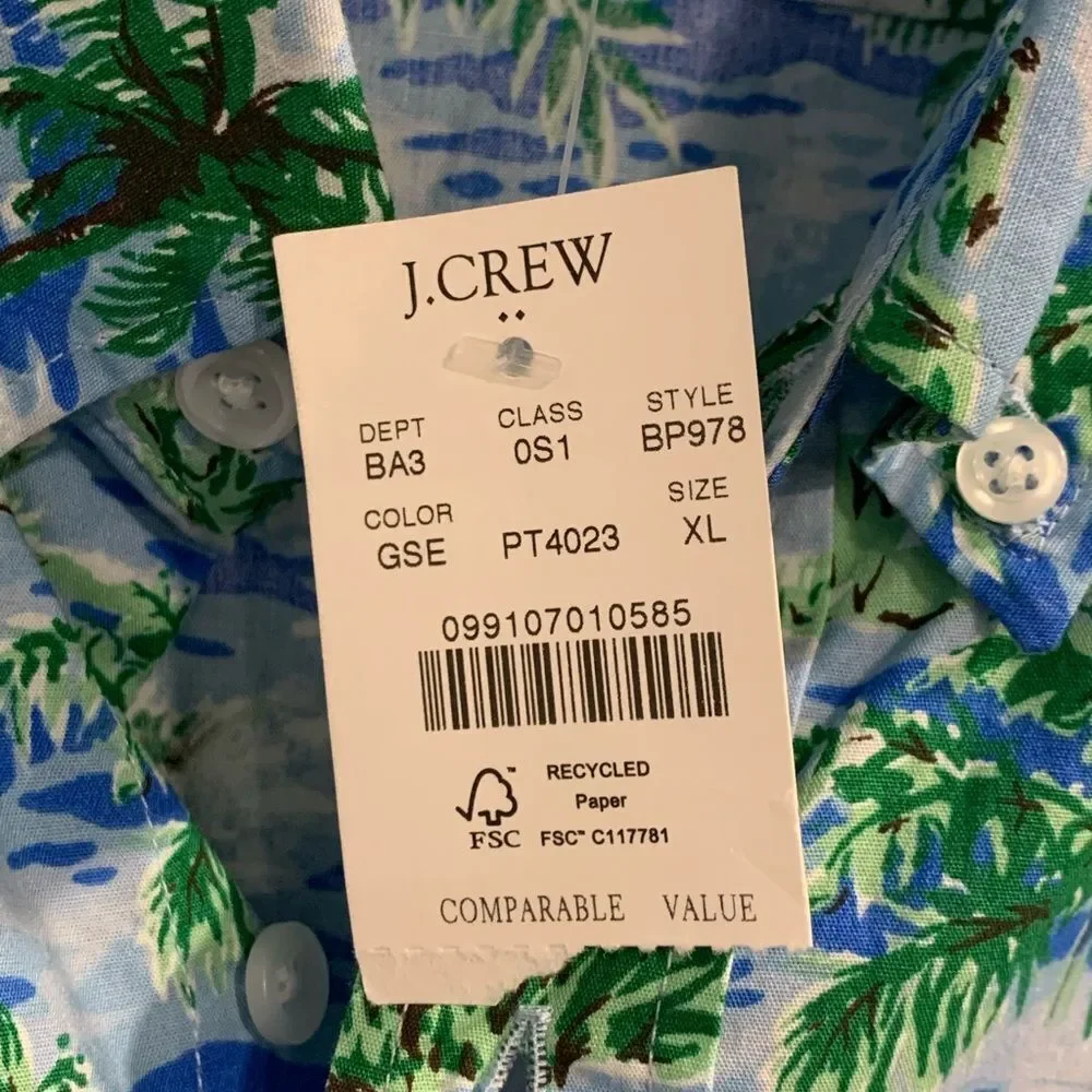 J. Crew Green and Blue Tropical Casual Shirt